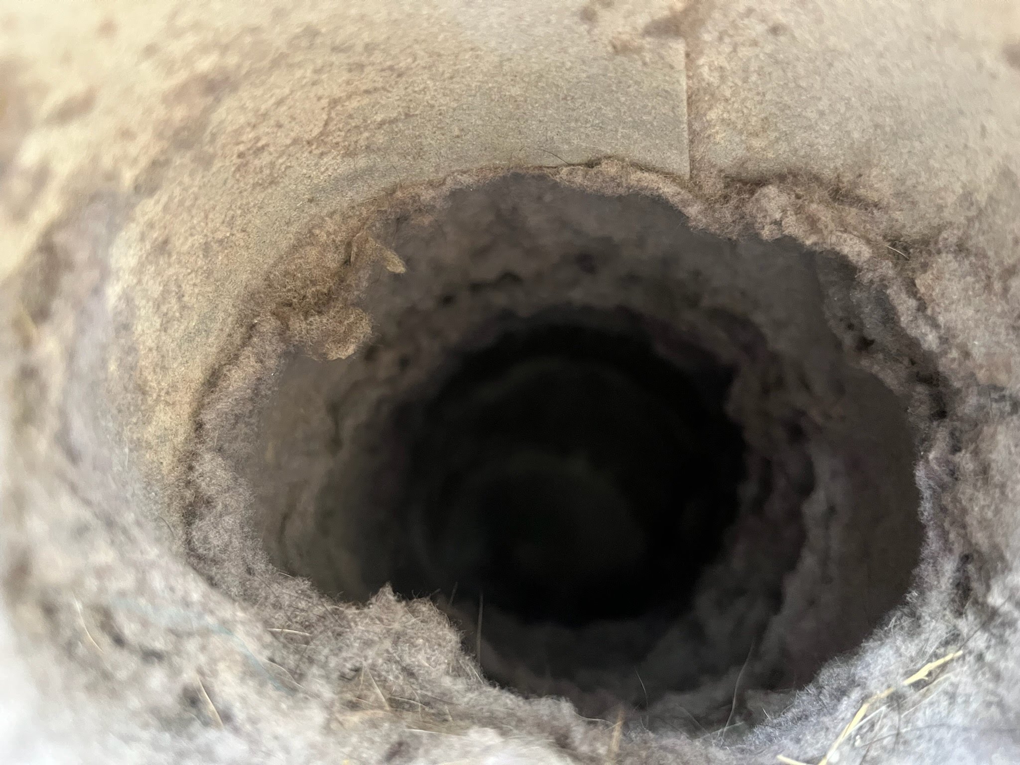 Clogged dryer vent full of lint buildup before cleaning